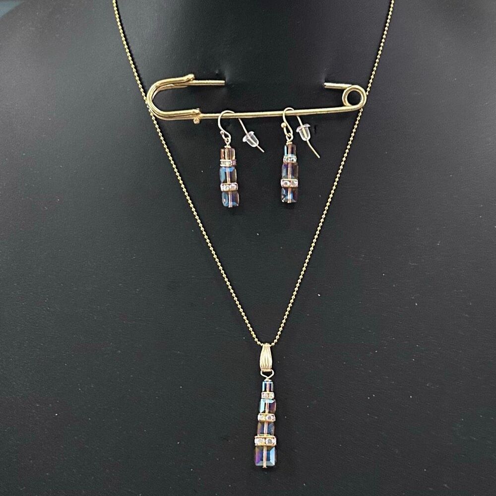 Vintage Swarovski Crystal Tiered Cubes Pendant Necklace & Earrings Set Gold-tone